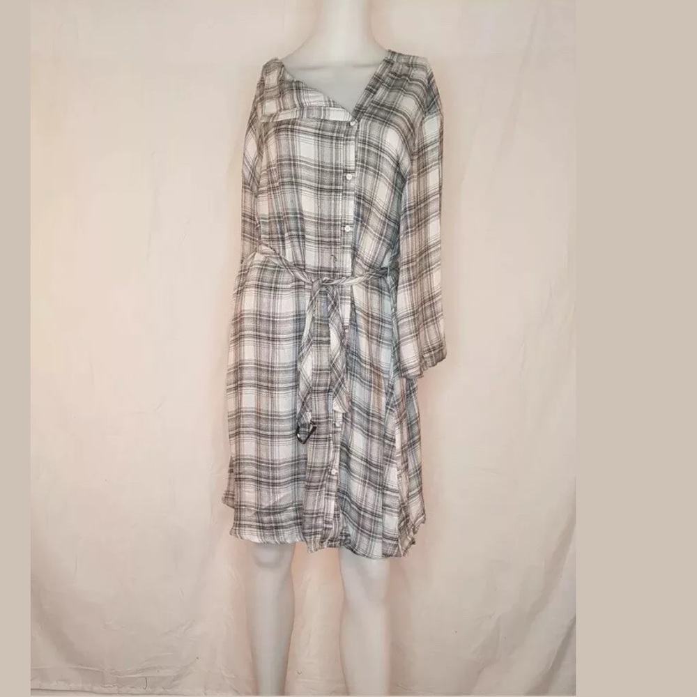 Free People Ivory Comb Plaid Shirt Dress S 10 NWT.